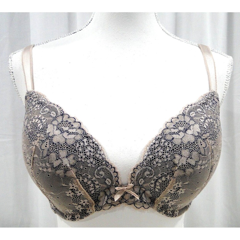 Victorias Secret Womens 34D Dream‎ Angels Perfect Coverage Tan Navy Lace Bra